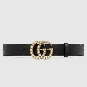 Gucci Black Leather Belt with Pearl GG Buckle